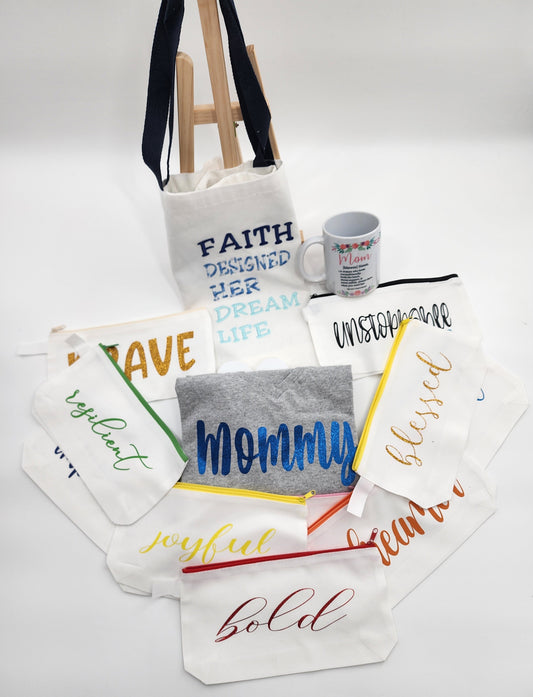 Mother's Day Gift Combo #8: Faith Designed Her Dream Life Embroidered Tote Bag + V-Neck Shirt + 2 more items