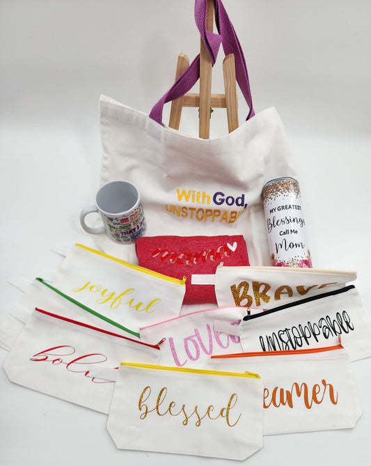 Mother's Day Gift Combo 5: With God, Unstoppable, Purple Handle Large Tote Bag + Embroidered Shirt + 3 more items