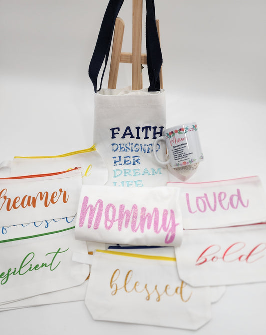 Mother's Day Gift Combo #10: Faith Designed Her Dream Life Embroidered Tote Bag + White V-Neck Shirt + 2 more items