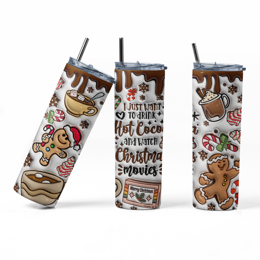 20oz Skinny tumbler with an inflated 3D gingerbread and chocolate design