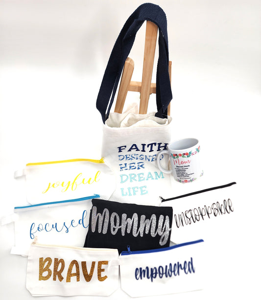 Mother's Day Gift Combo #9: Faith Designed Her Dream Life Embroidered Tote Bag + Black V-Neck Shirt + 2 more items