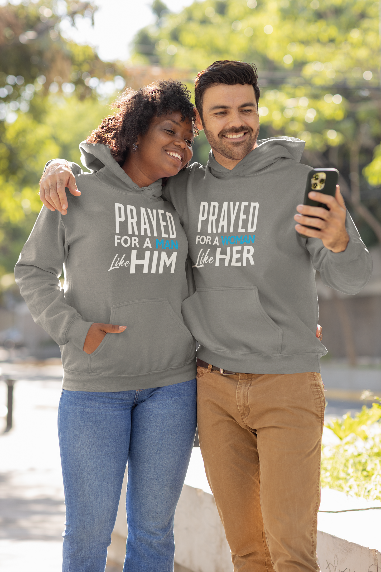 Prayed for a Woman Like Her, Prayed for a Man Like Him Hoodies for Christian Couples