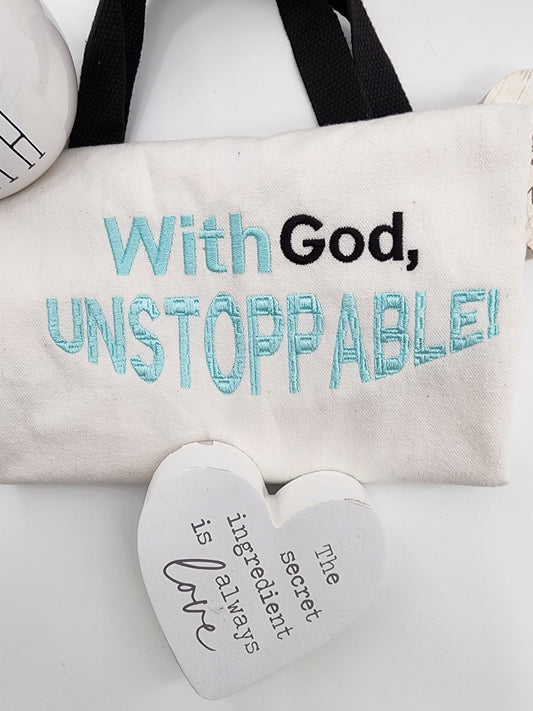 With God, Unstoppable Large Embroidered Tote Bag